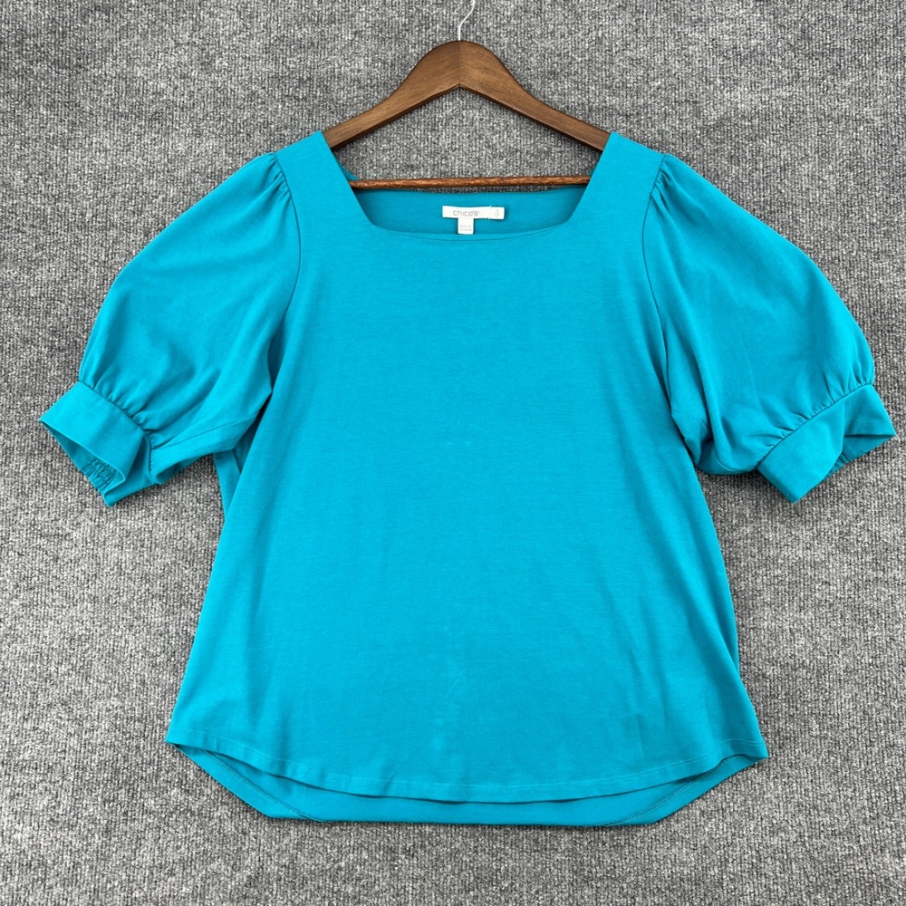 Chicos Knit Top Womens 2 L Peacock Blue Square Neck Puff Sleeve Coastal Chic
